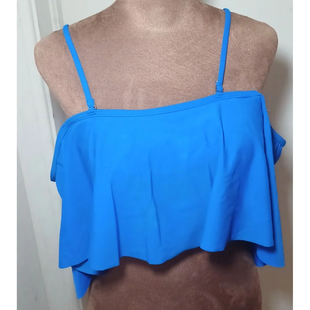 ADOME Flounce Swim Top Women Medium Blue‎ Adjustable Strap Off Shoulder Ruffle